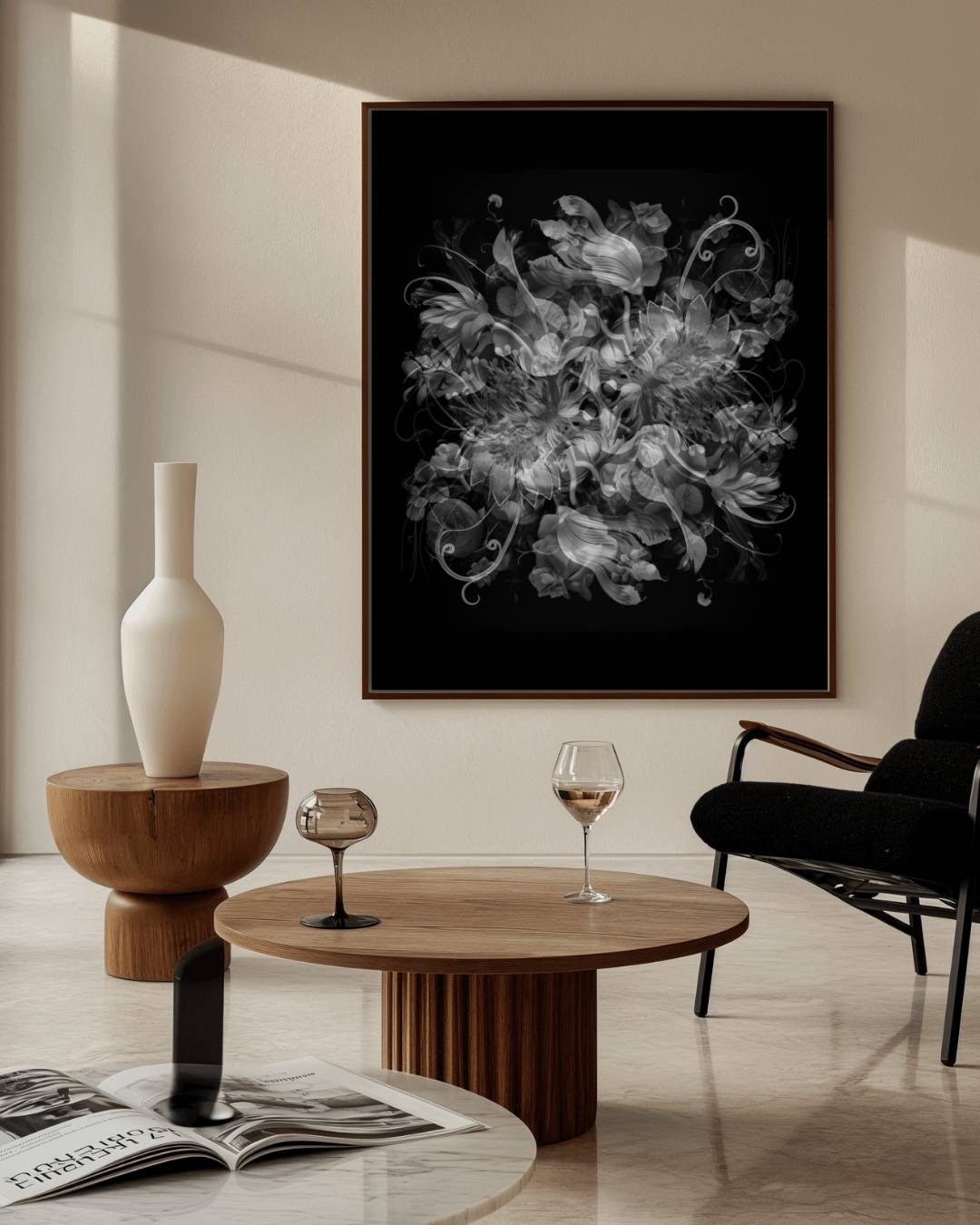 Zwart-wit bloemen symmetrie Poster – staande poster voor modern interieur