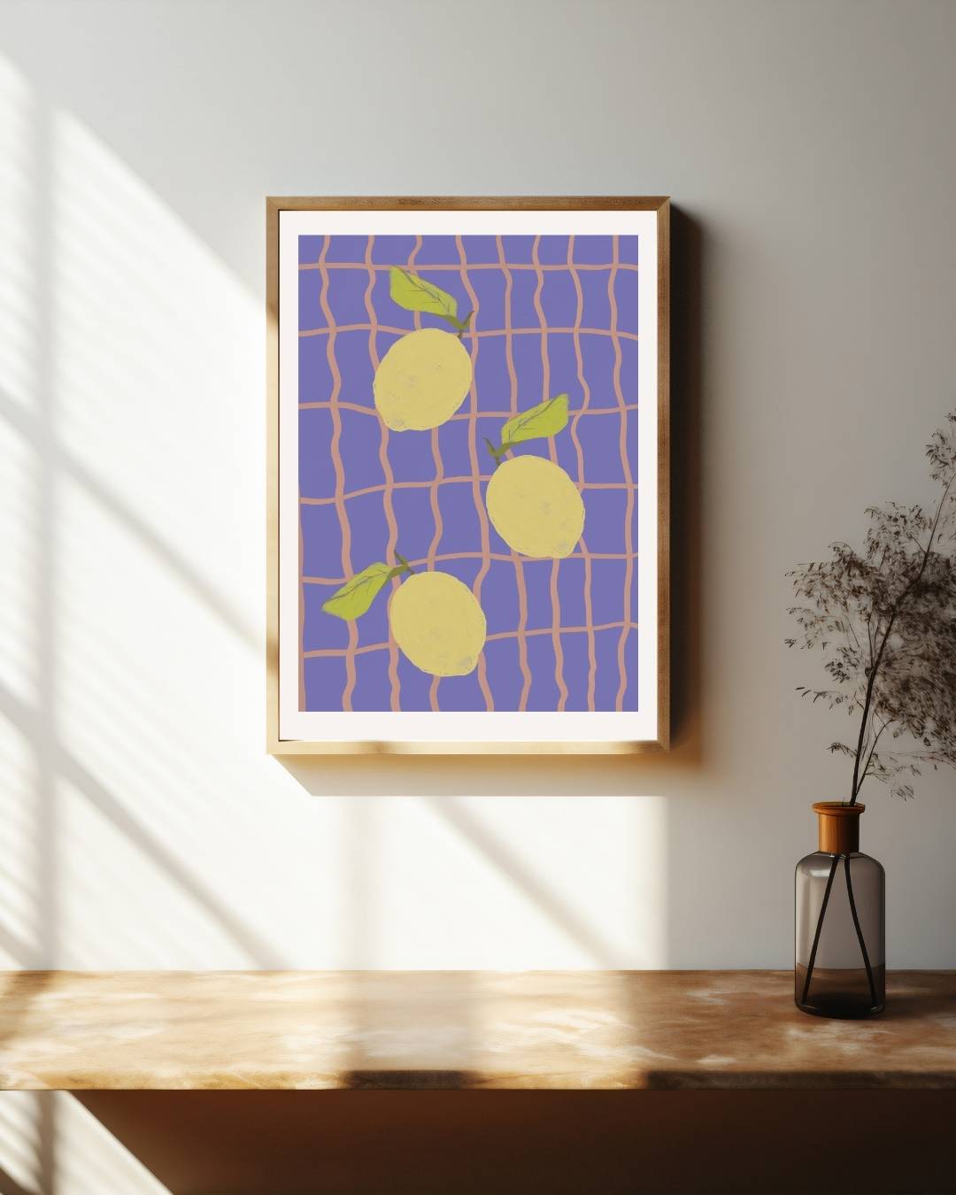 Blauw raster citroen Poster – staande poster voor modern interieur