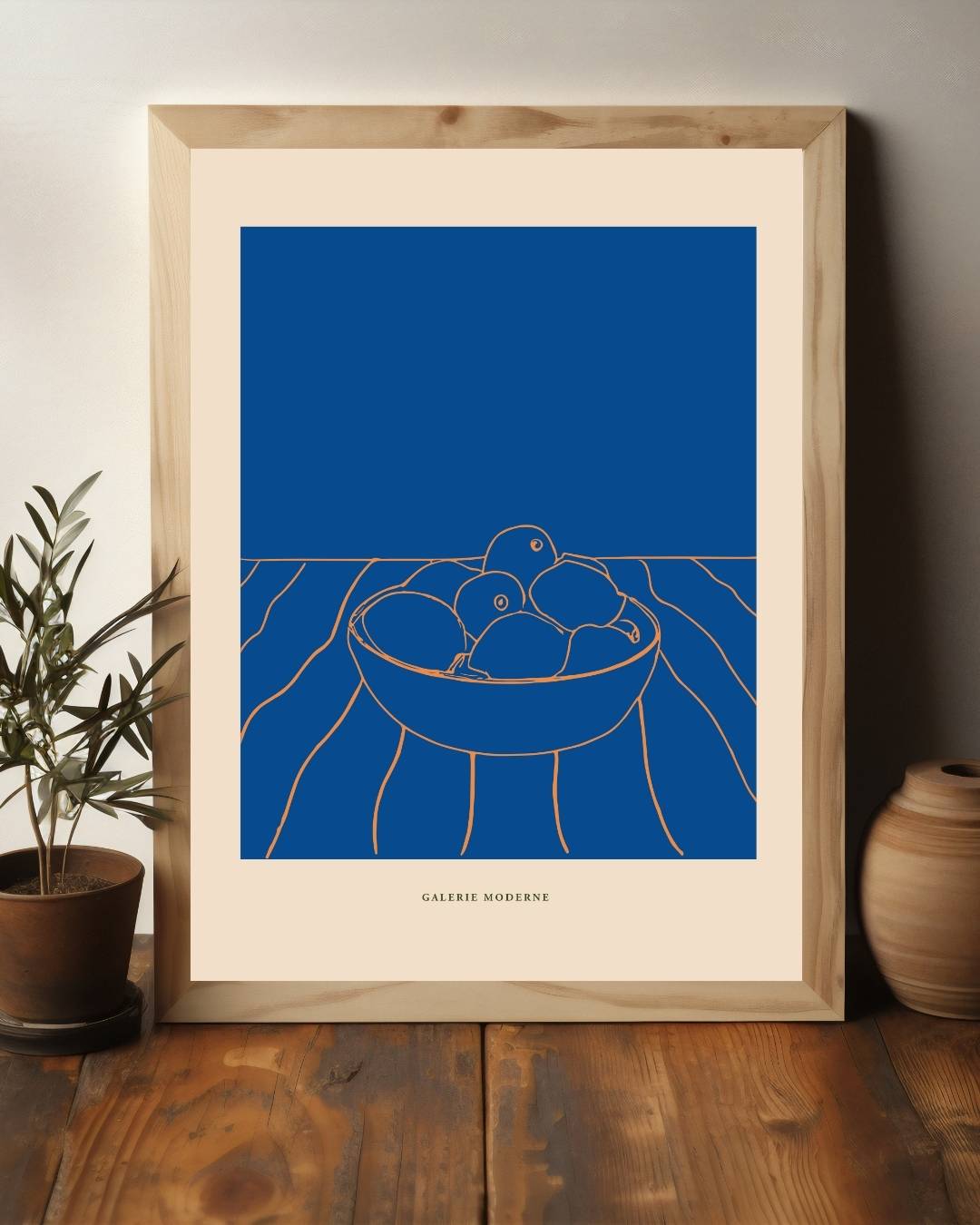 Blauwe fruitschaal Poster – staande poster voor modern interieur