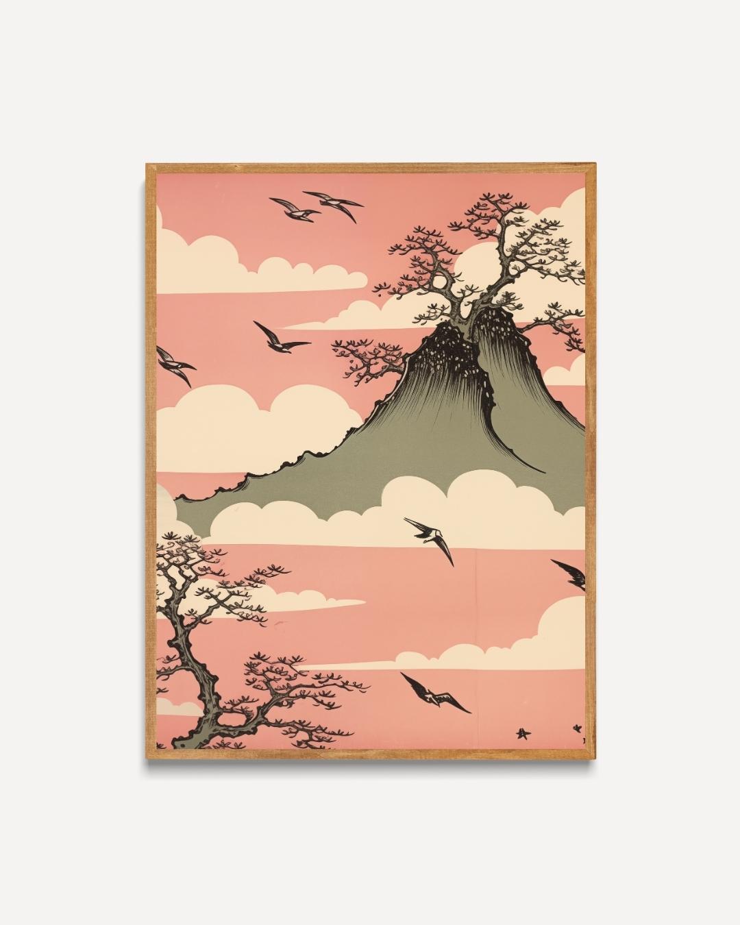 Japanse berg en vogels Poster – portret poster als wanddecoratie