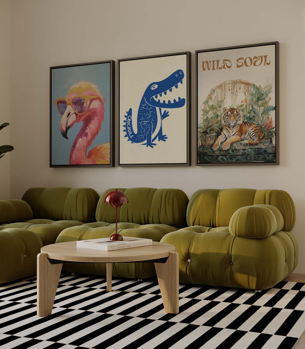 Wilde dieren: flamingo, krokodil en tijger met tekst 'WILD SOUL' – drieluik als wanddecoratie