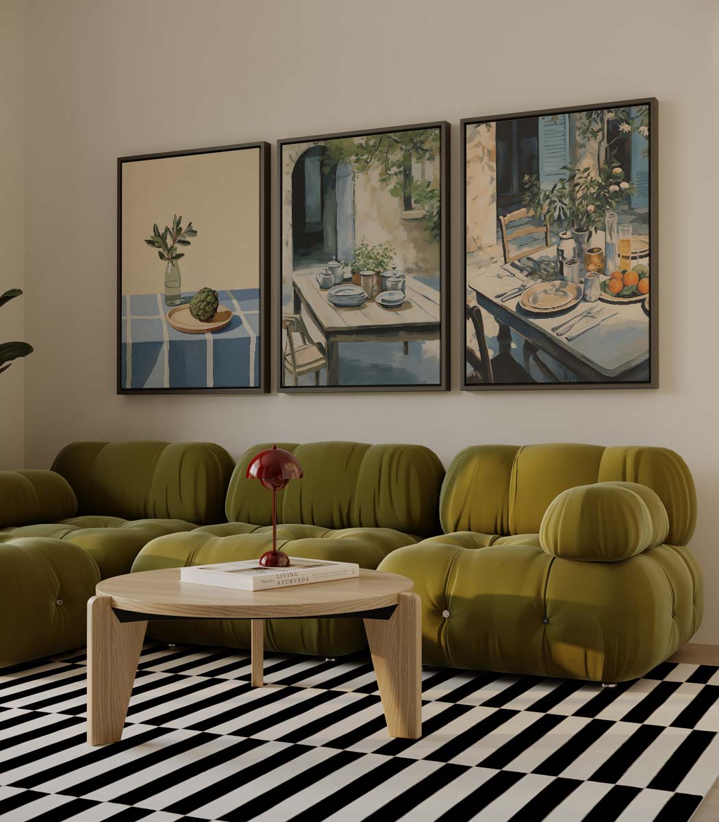 Artisjok en tuinservies in zuidelijke stijl – drieluik als wanddecoratie