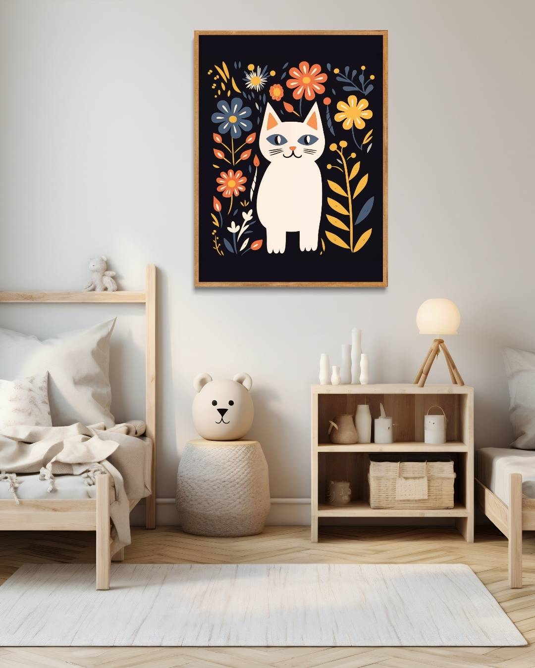 Vrolijke kat en bloemen Poster – staande poster voor modern interieur