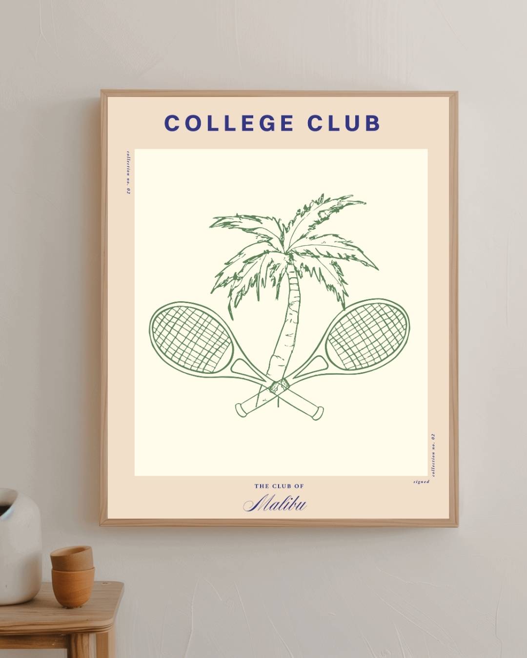 College Club tennisrackets en palmboom Poster – staande poster voor modern interieur