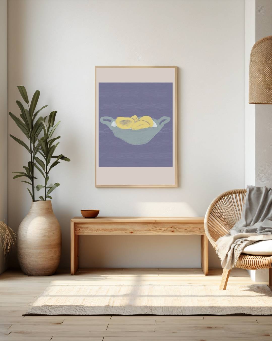 Citroenen in blauwe schaal Poster – staande poster voor modern interieur