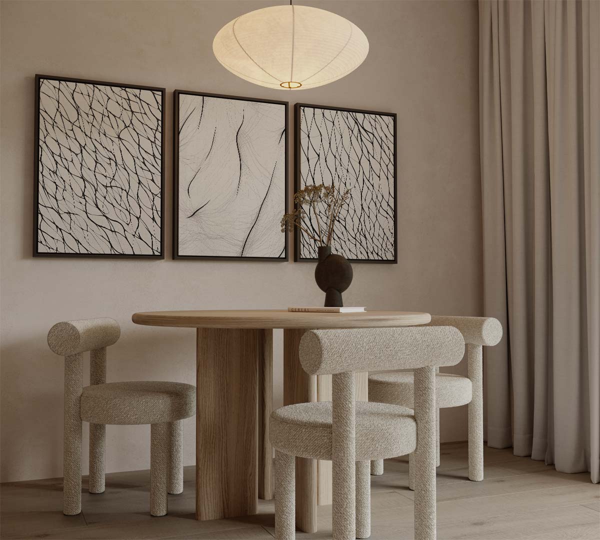 Organische lijnen in zwart-wit – drieluik voor modern interieur