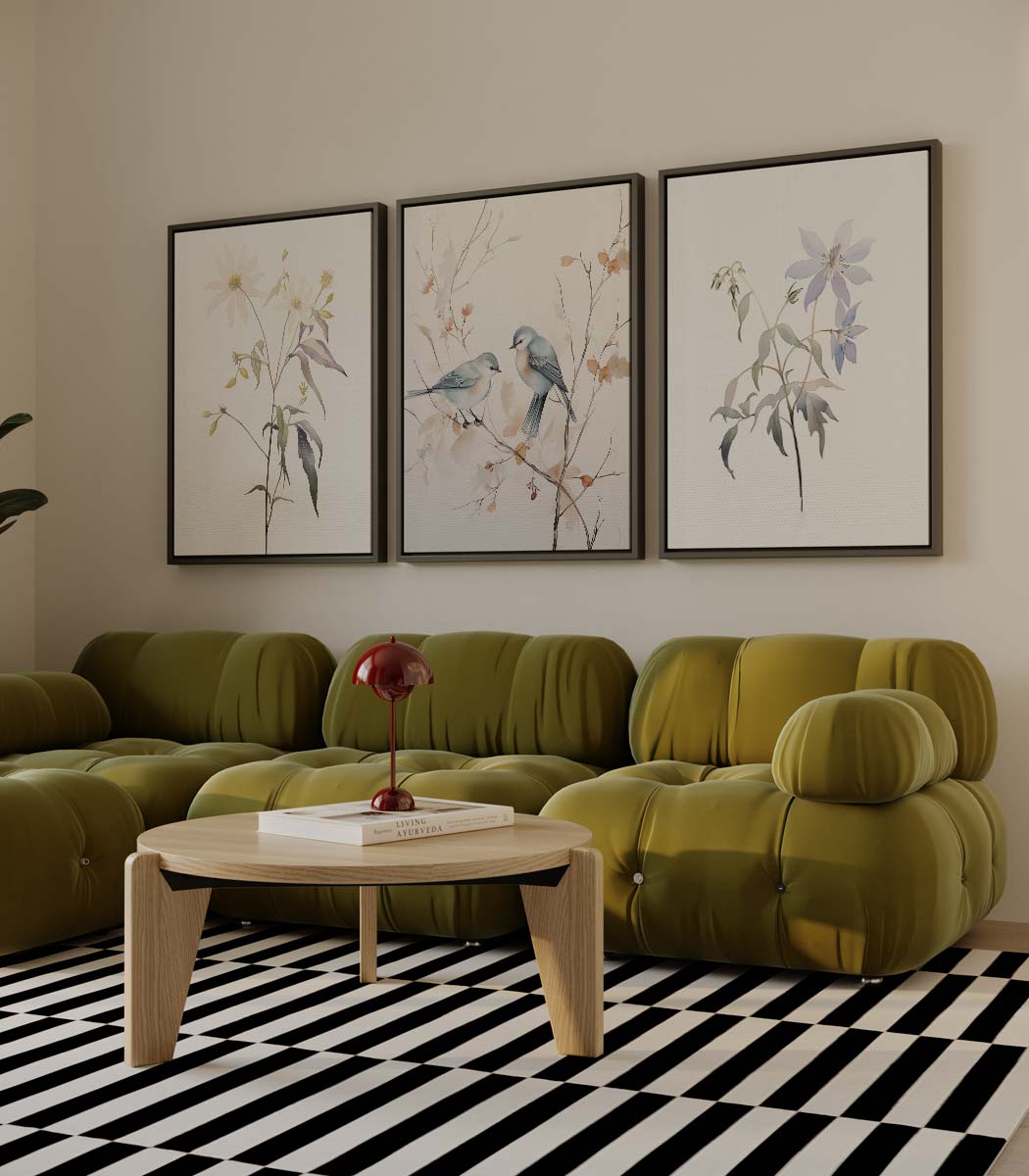 Natuurgetrouwe vogels en bloemen – drieluik als wanddecoratie