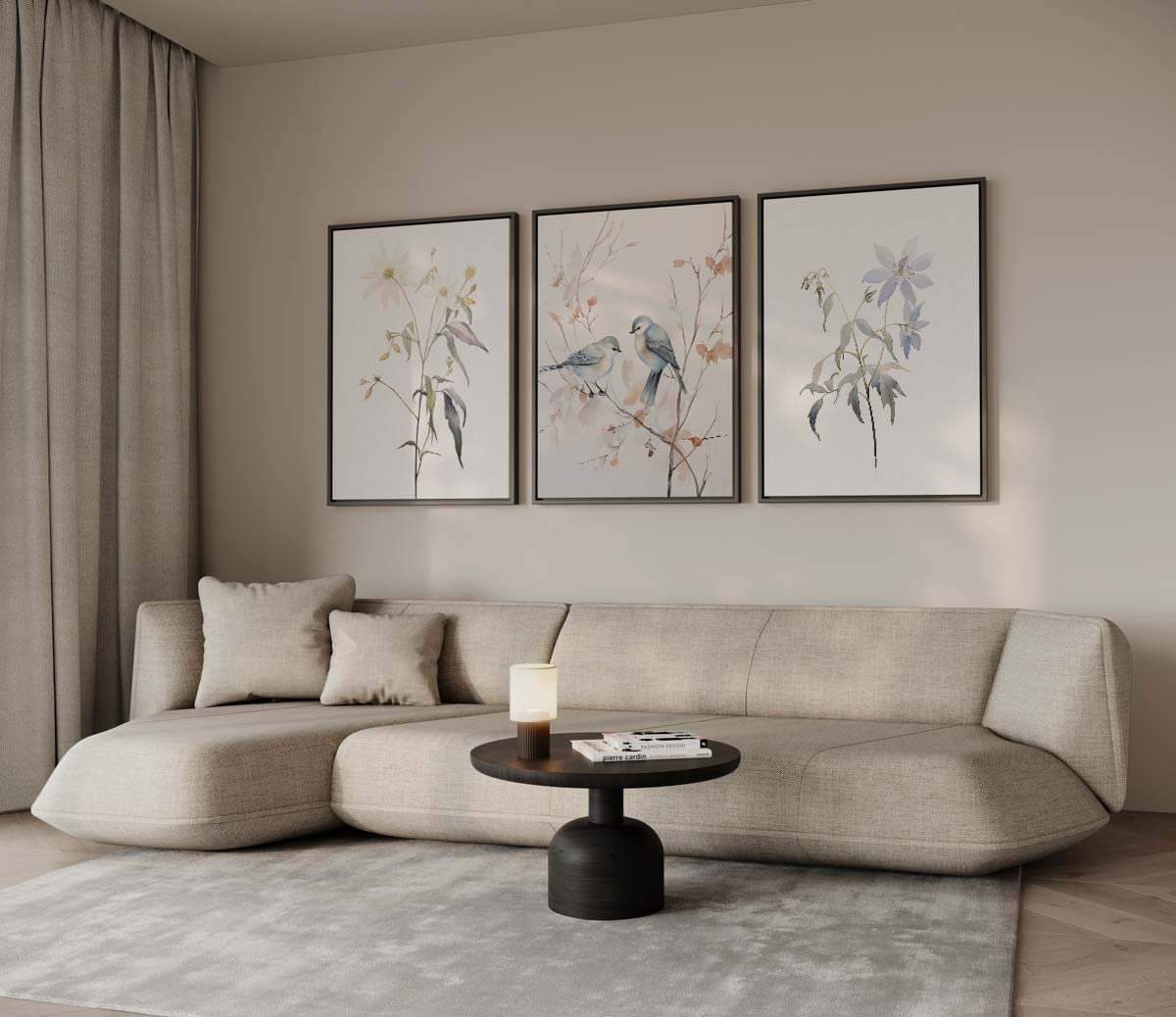 Natuurgetrouwe vogels en bloemen – drieluik voor modern interieur