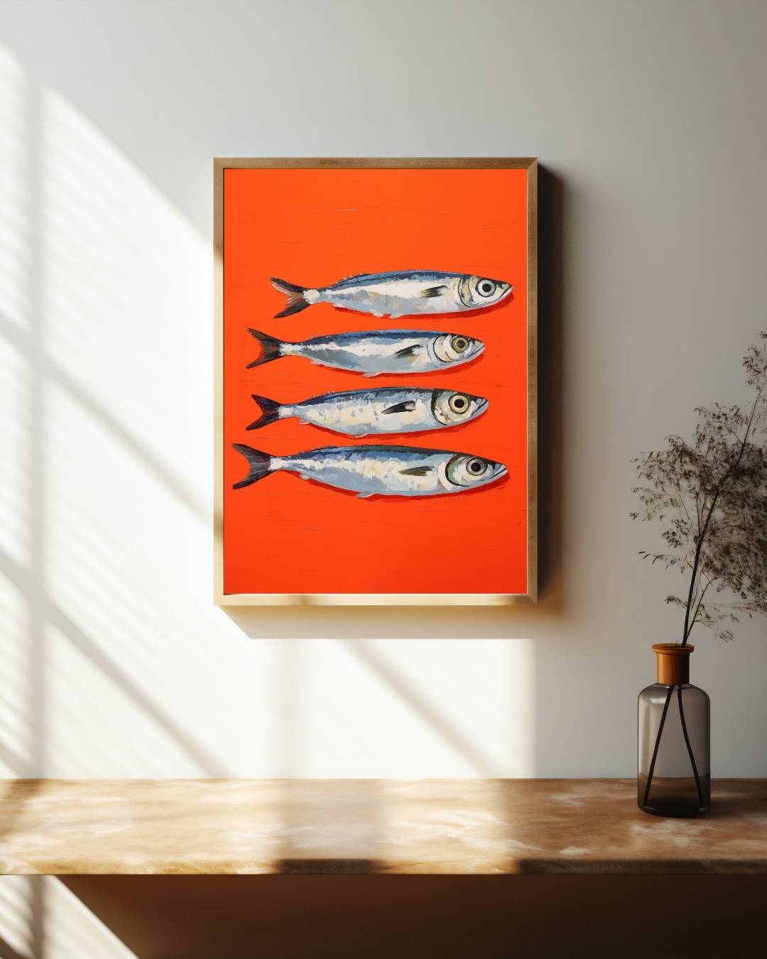Sardines op rode achtergrond Poster – staande poster voor modern interieur
