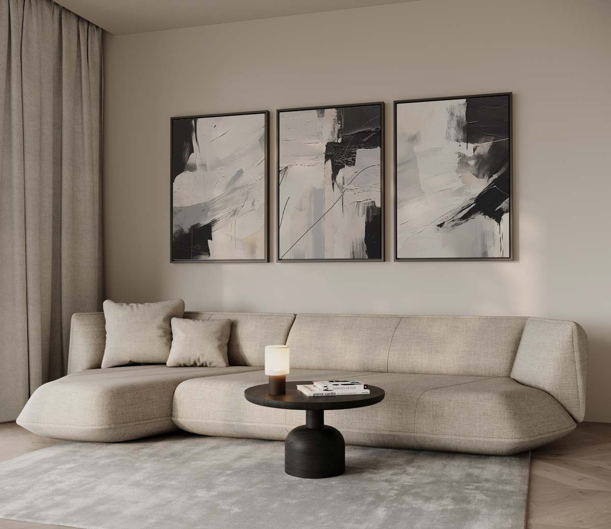 Abstract zwart-wit expressie – drieluik als wanddecoratie