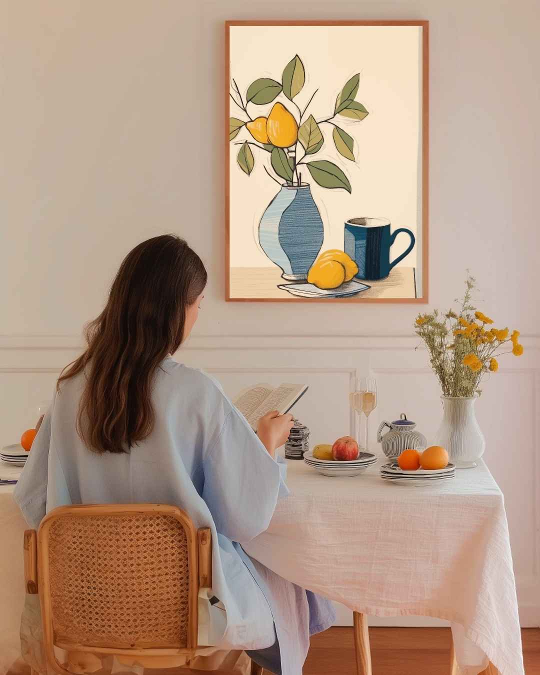 Stilleven met Citroenen en Koffiemok – staande poster voor modern interieur