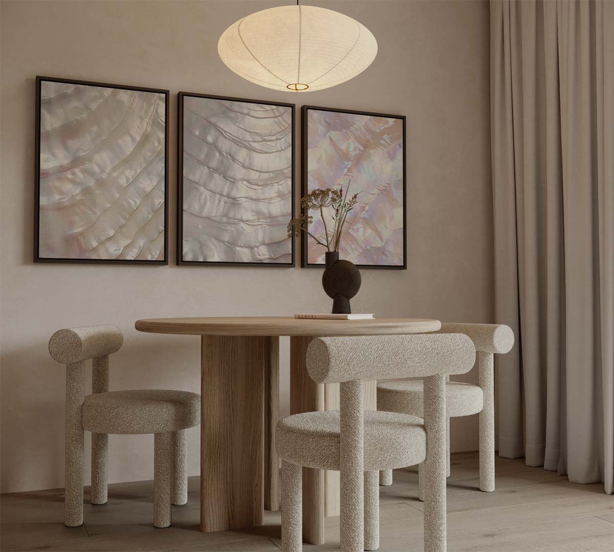 Parelmoer textuur in beweging – drieluik voor modern interieur