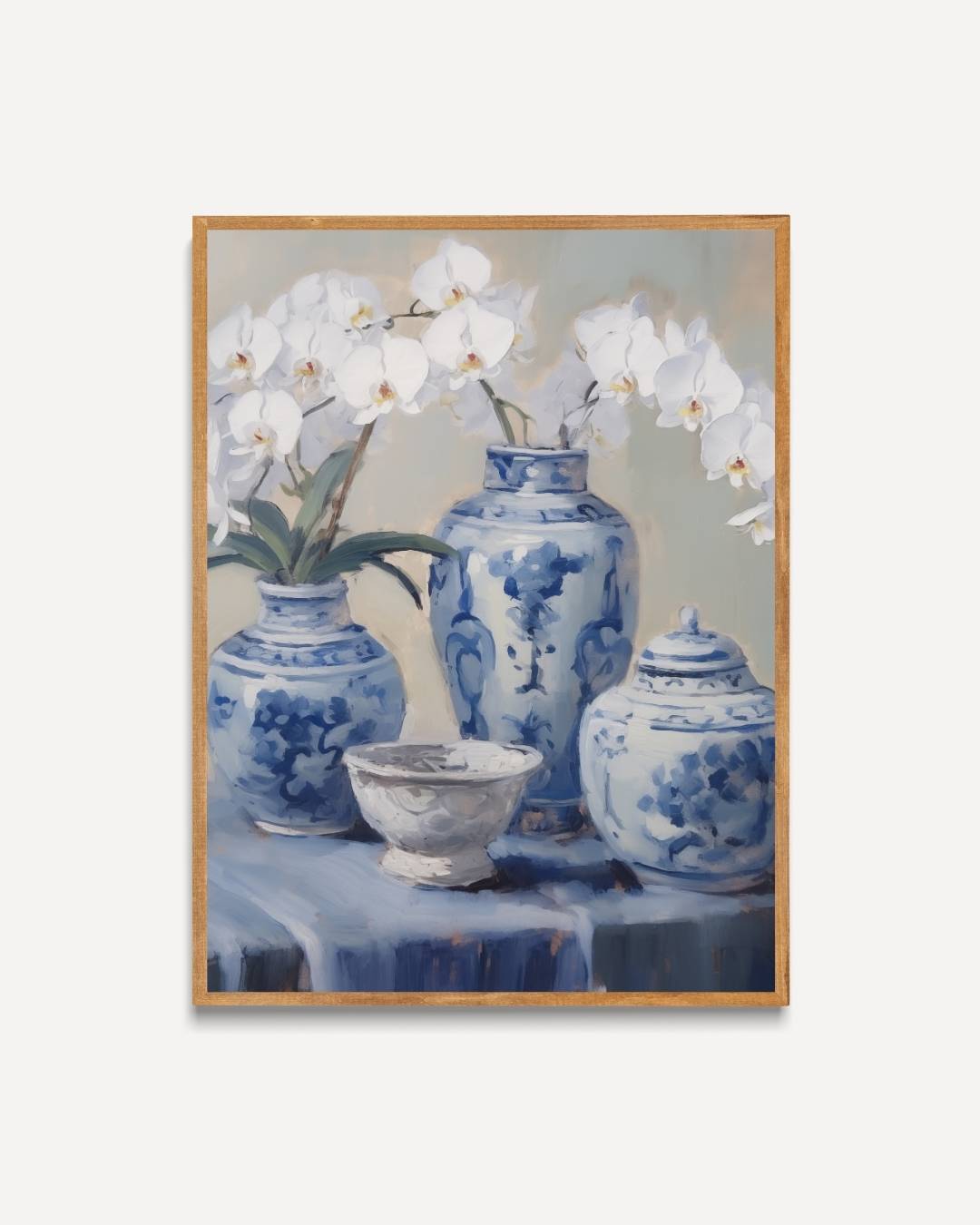 Blauwe vazen en orchideeën Poster – portret poster als wanddecoratie