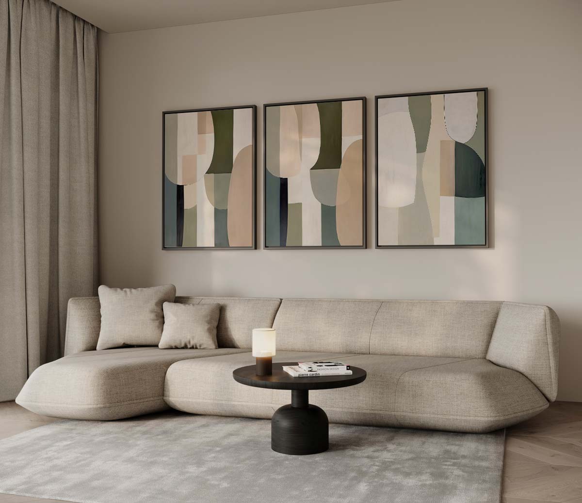 Abstracte vormen in natuurlijke tinten – drieluik als wanddecoratie