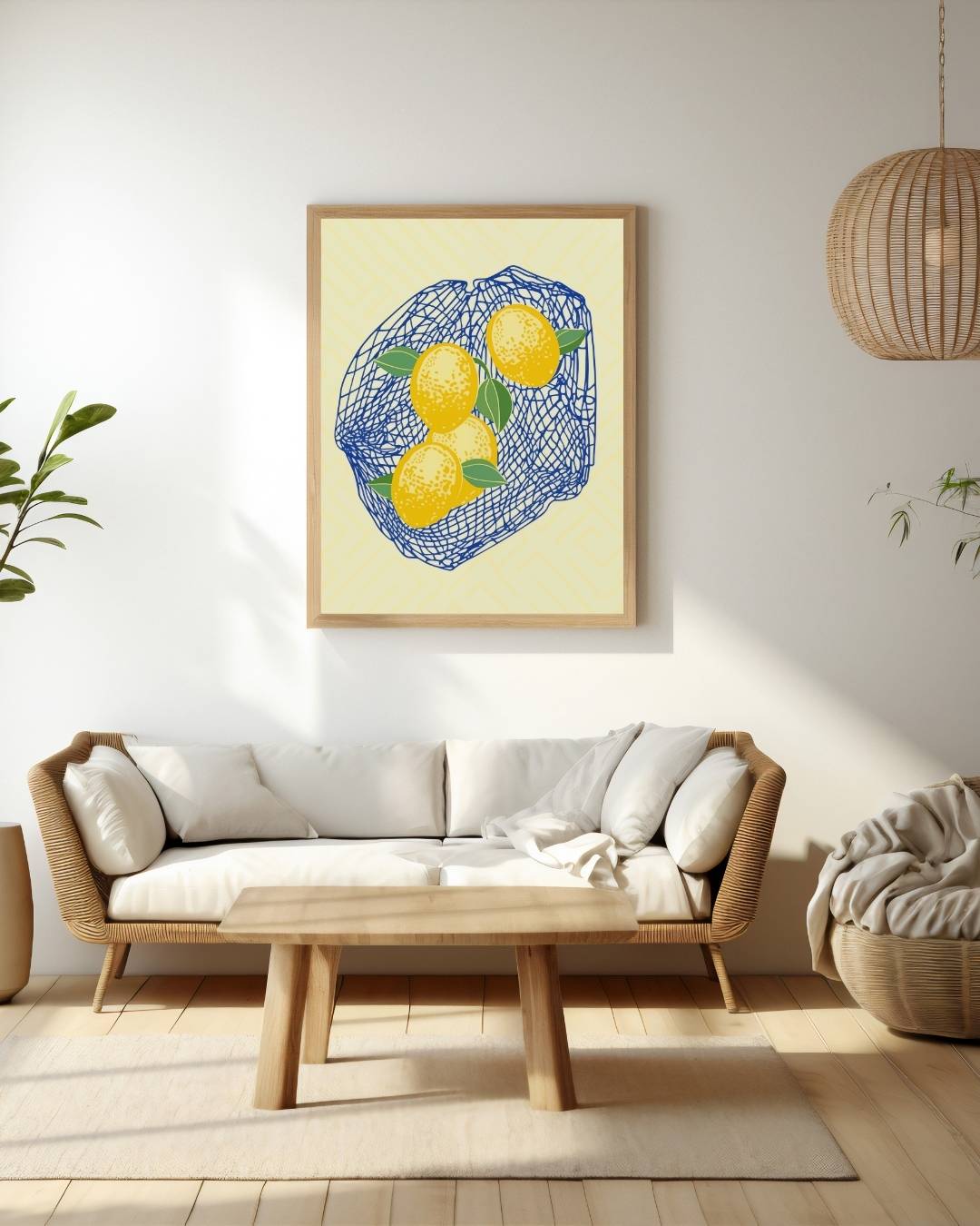Citroenen in blauw net Poster – staande poster voor modern interieur