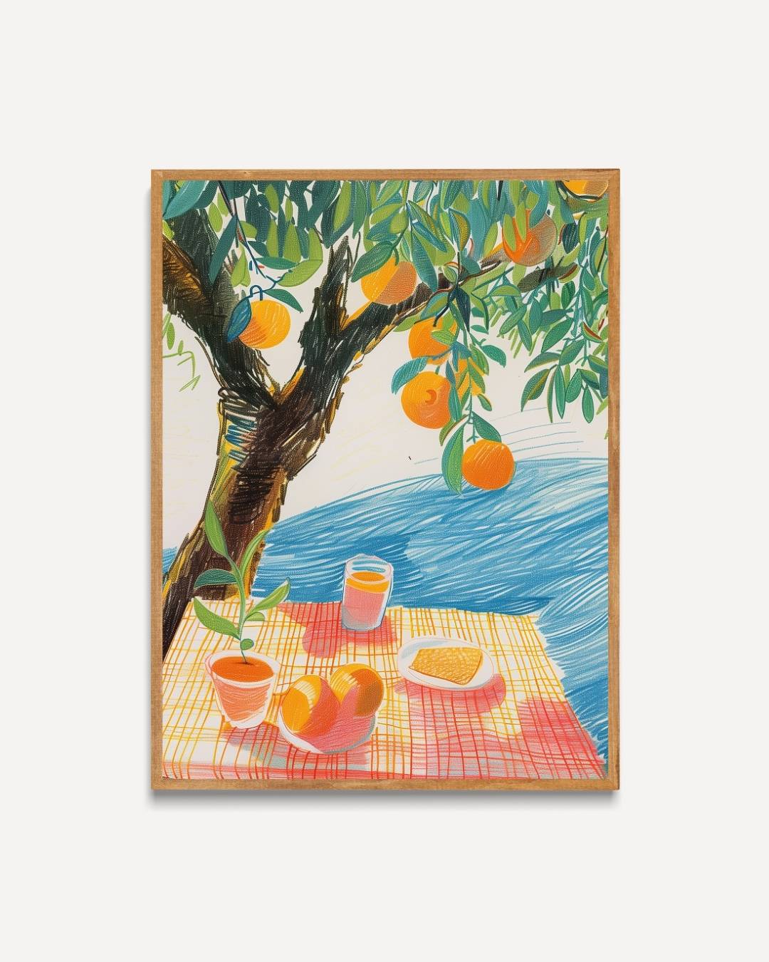Zomerse sinaasappelpicknick Poster – portret poster als wanddecoratie
