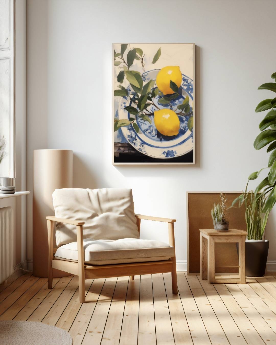 Citroenen op blauw bord Poster – staande poster voor modern interieur