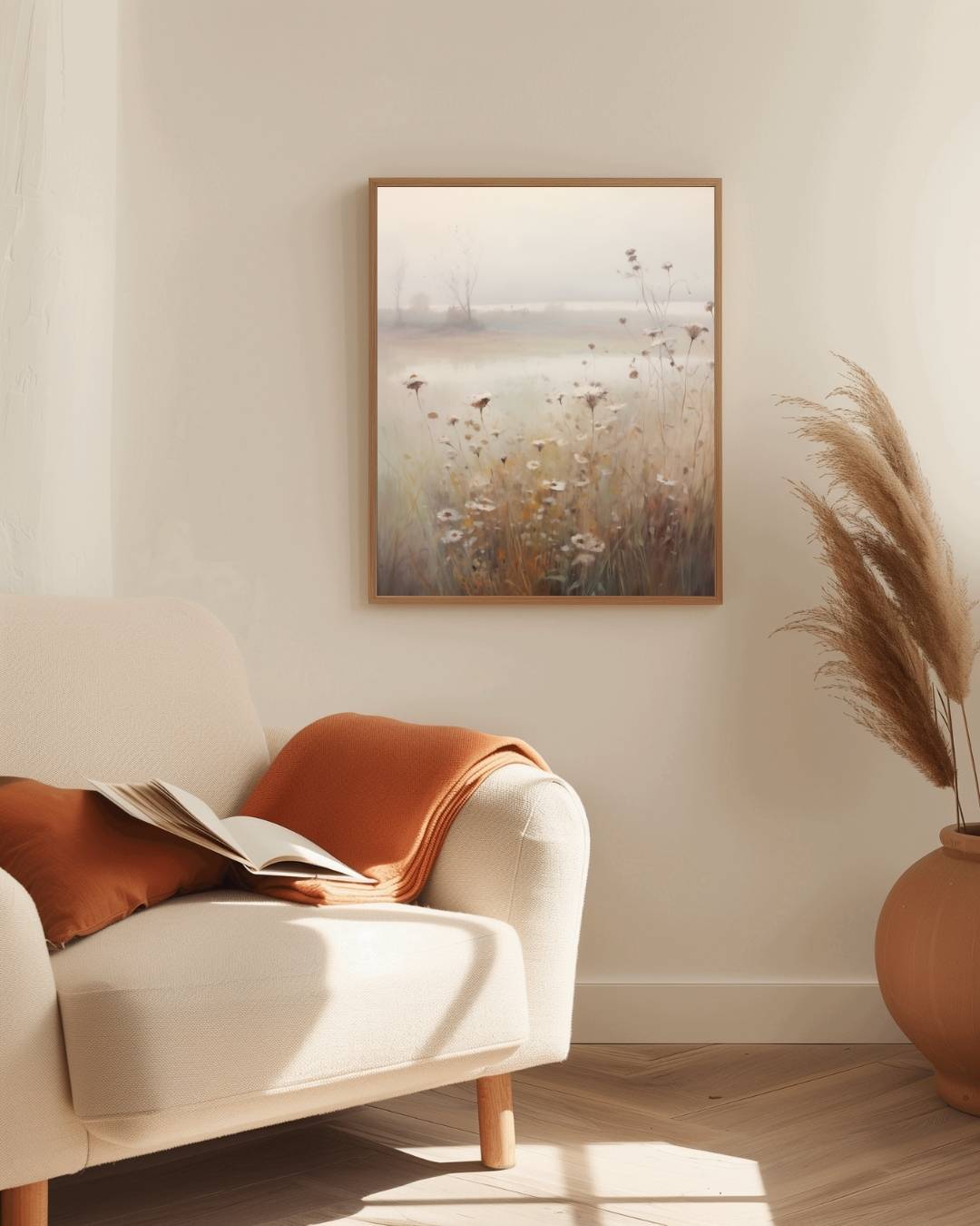 Mistige bloemenweide Poster – staande poster voor modern interieur