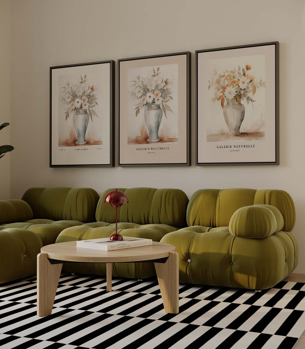Botanische vazen in vintage stijl – drieluik als wanddecoratie