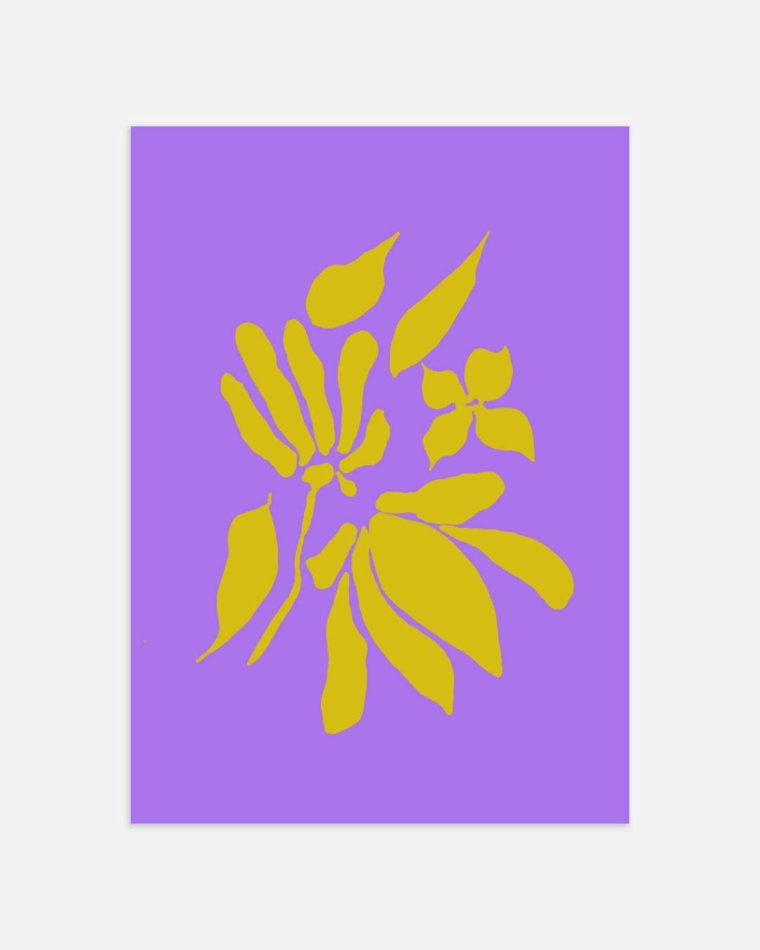 Gele abstracte bloemensilhouet op paarse achtergrond Poster – portret wanddecoratie van WallArtistic