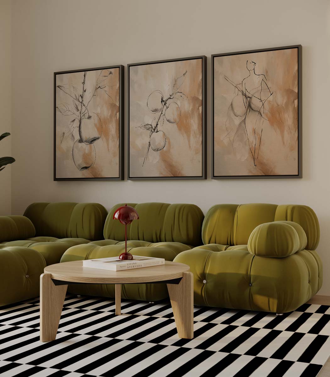 Perziken en figuren in schetsstijl – drieluik als wanddecoratie