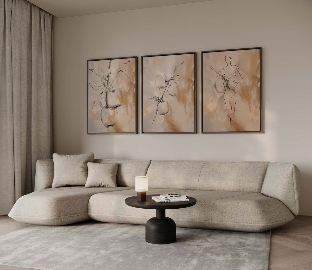 Perziken en figuren in schetsstijl – drieluik voor modern interieur
