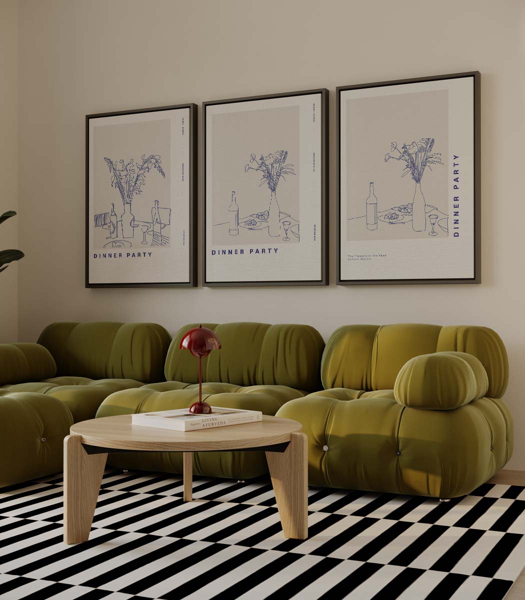 Dinner Party lijnillustratie – drieluik als wanddecoratie