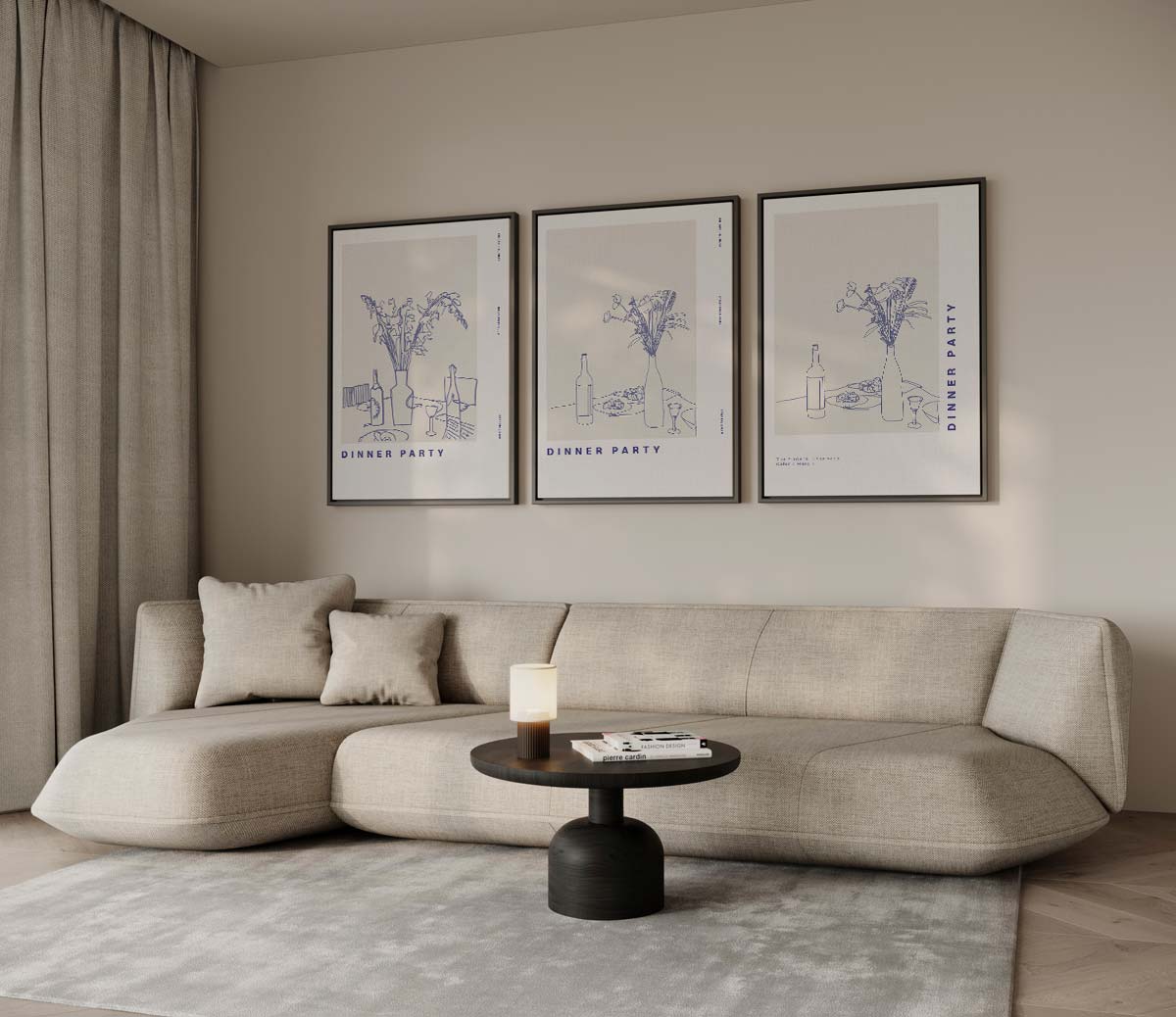 Dinner Party lijnillustratie – drieluik voor modern interieur
