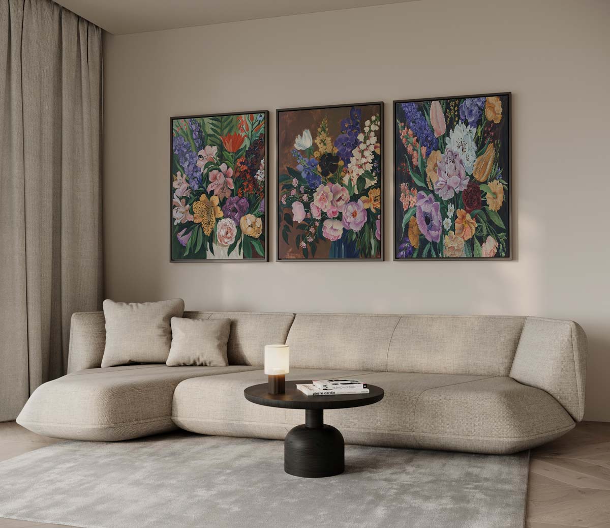 Klassiek bloemenboeket op donkere achtergrond – drieluik voor modern interieur