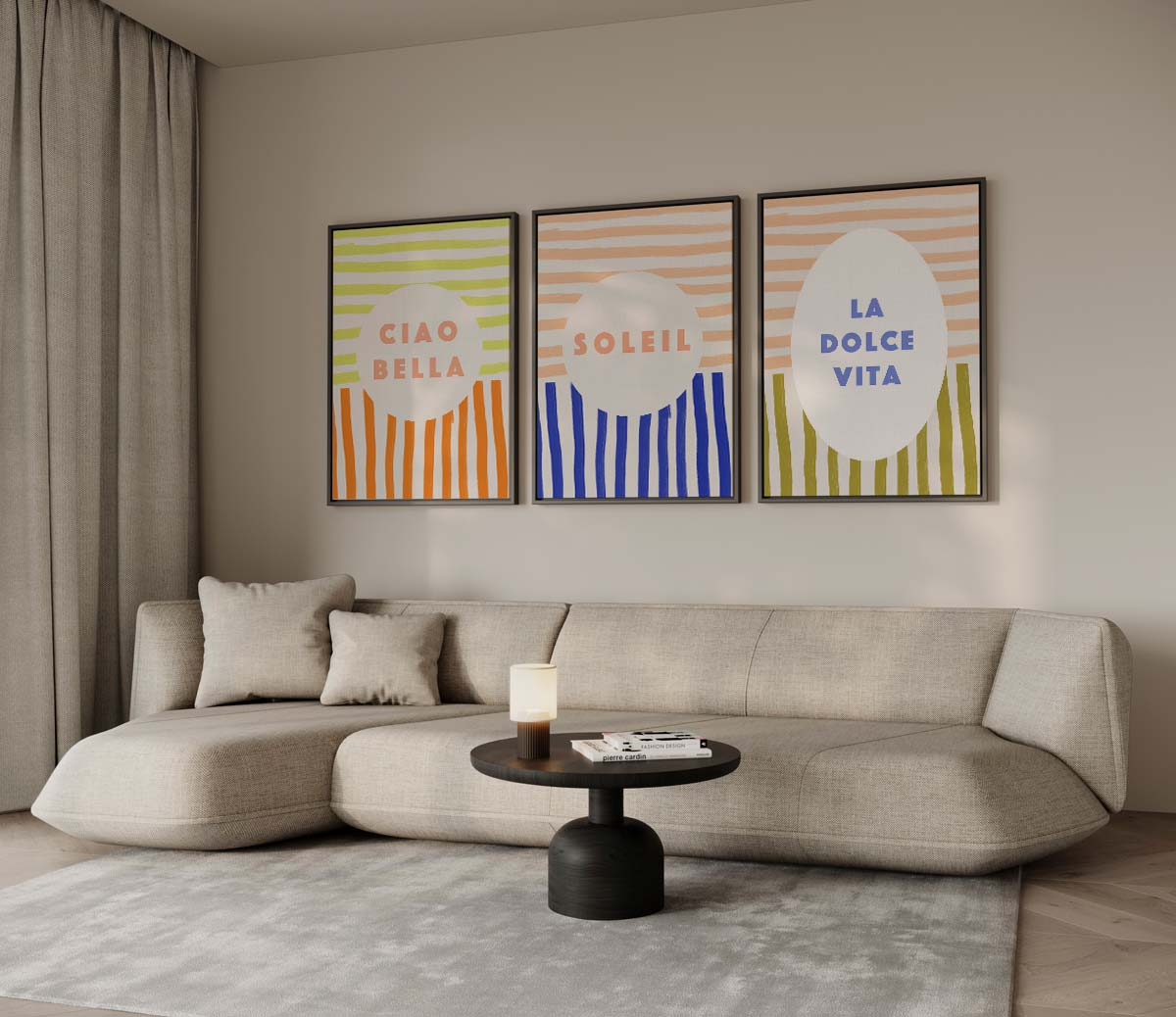 Zomerse typografie met strepen – drieluik voor modern interieur
