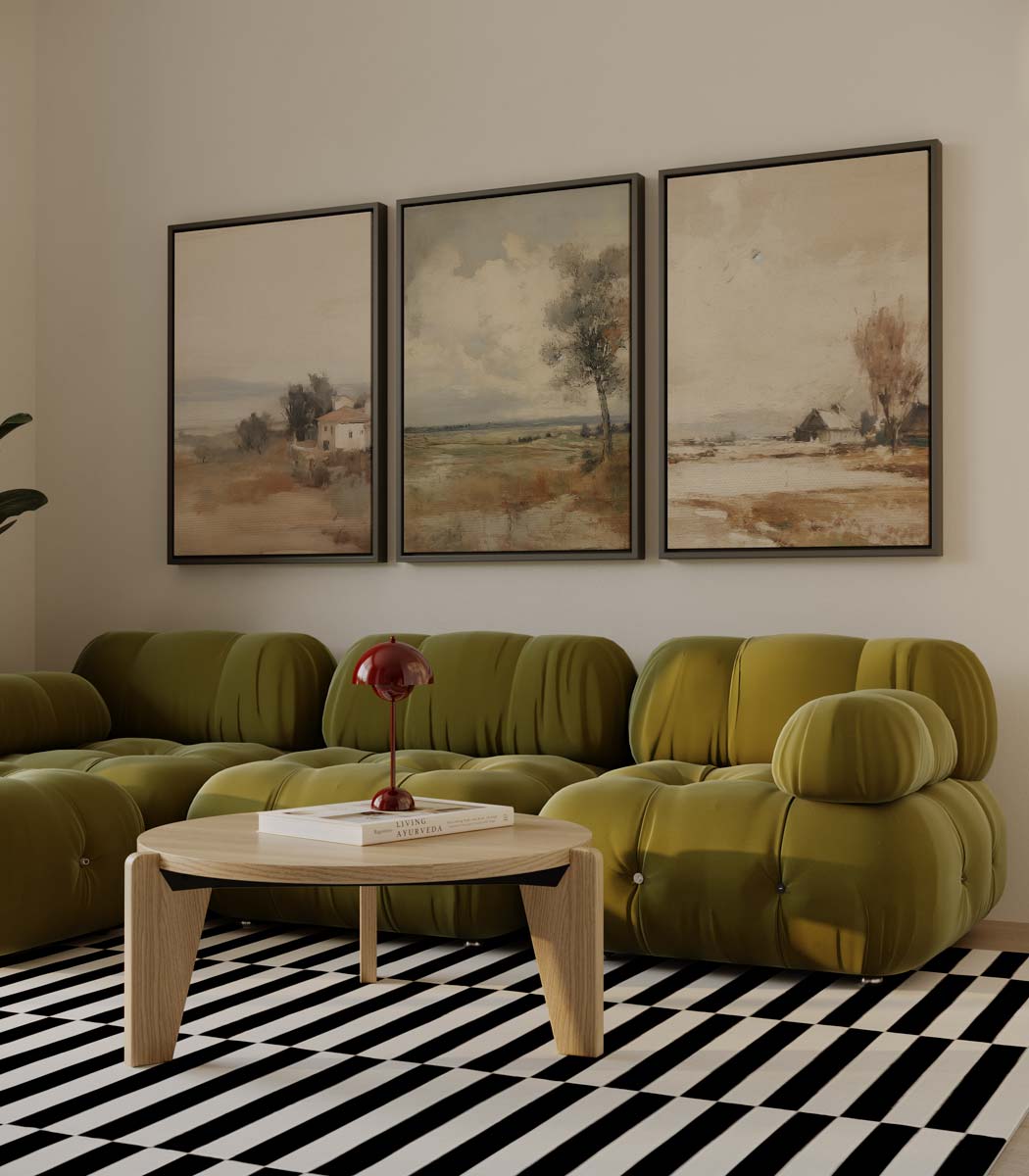 Zacht landelijk landschap – drieluik als wanddecoratie