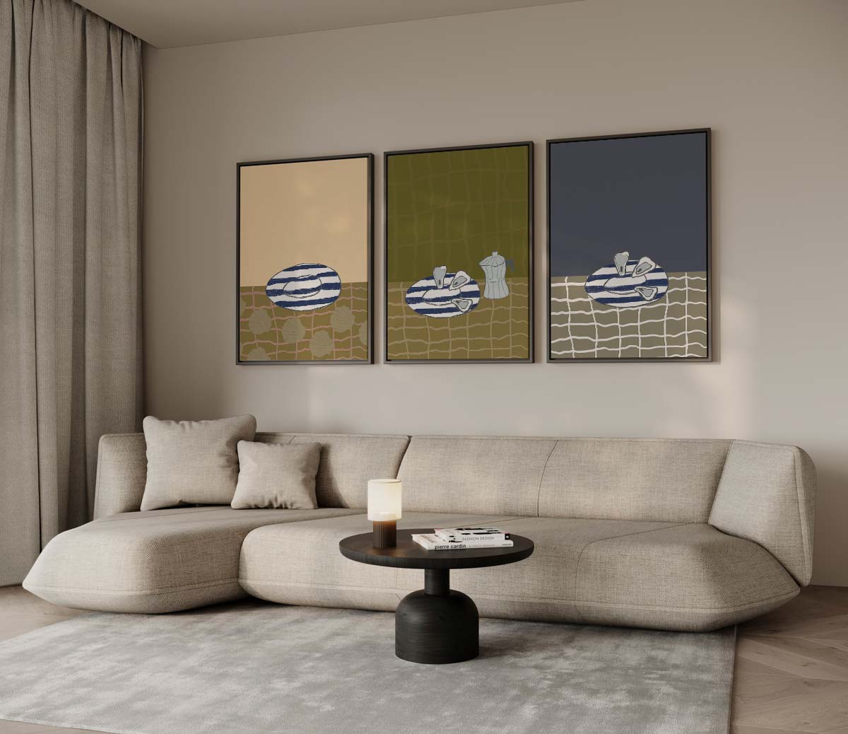 Mediterrane tafelsetting in kleurvlakken – drieluik voor modern interieur