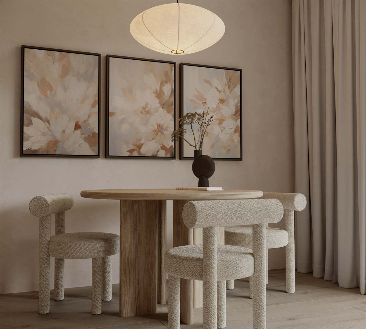 Abstracte bloemen in zachte tonen – drieluik als wanddecoratie