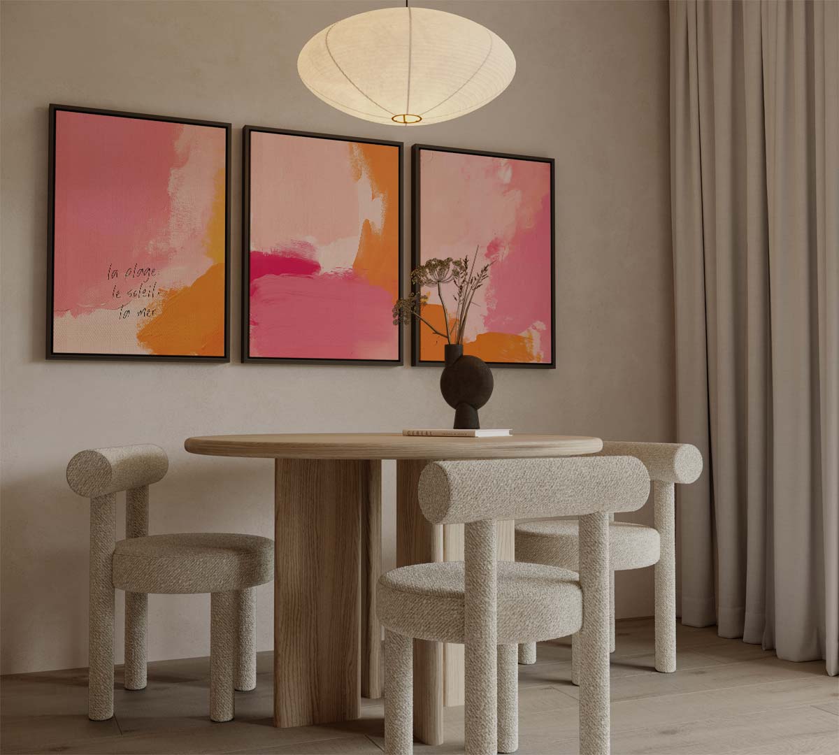 Abstracte zonsondergang in roze-oranje – drieluik als wanddecoratie