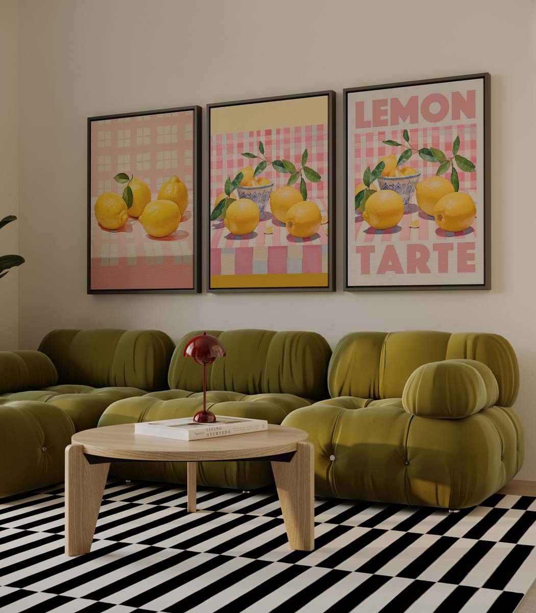 Citroenen op geruite achtergrond met tekst 'LEMON TARTE' – drieluik als wanddecoratie