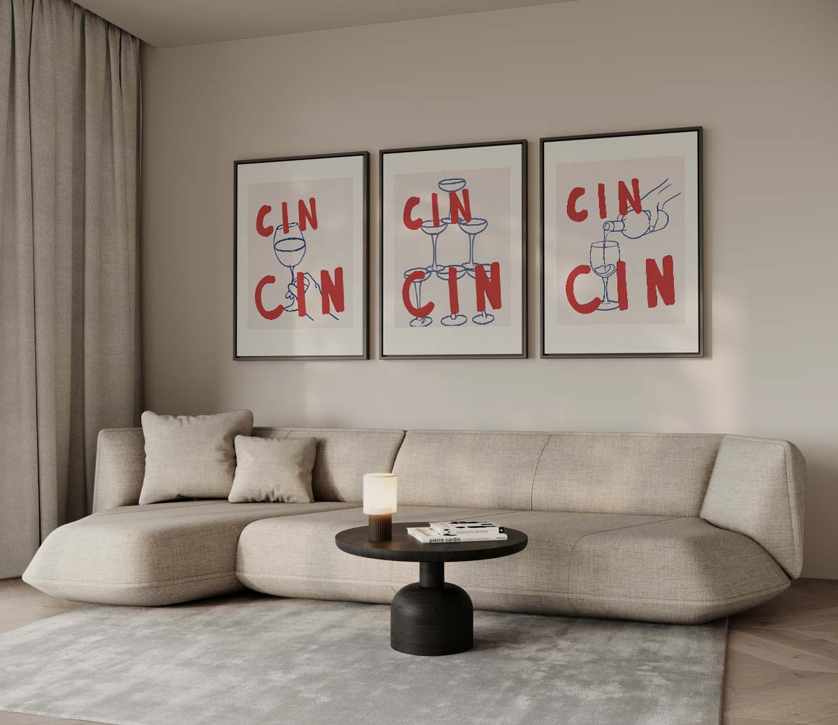 Cin Cin toastillustraties – drieluik voor modern interieur