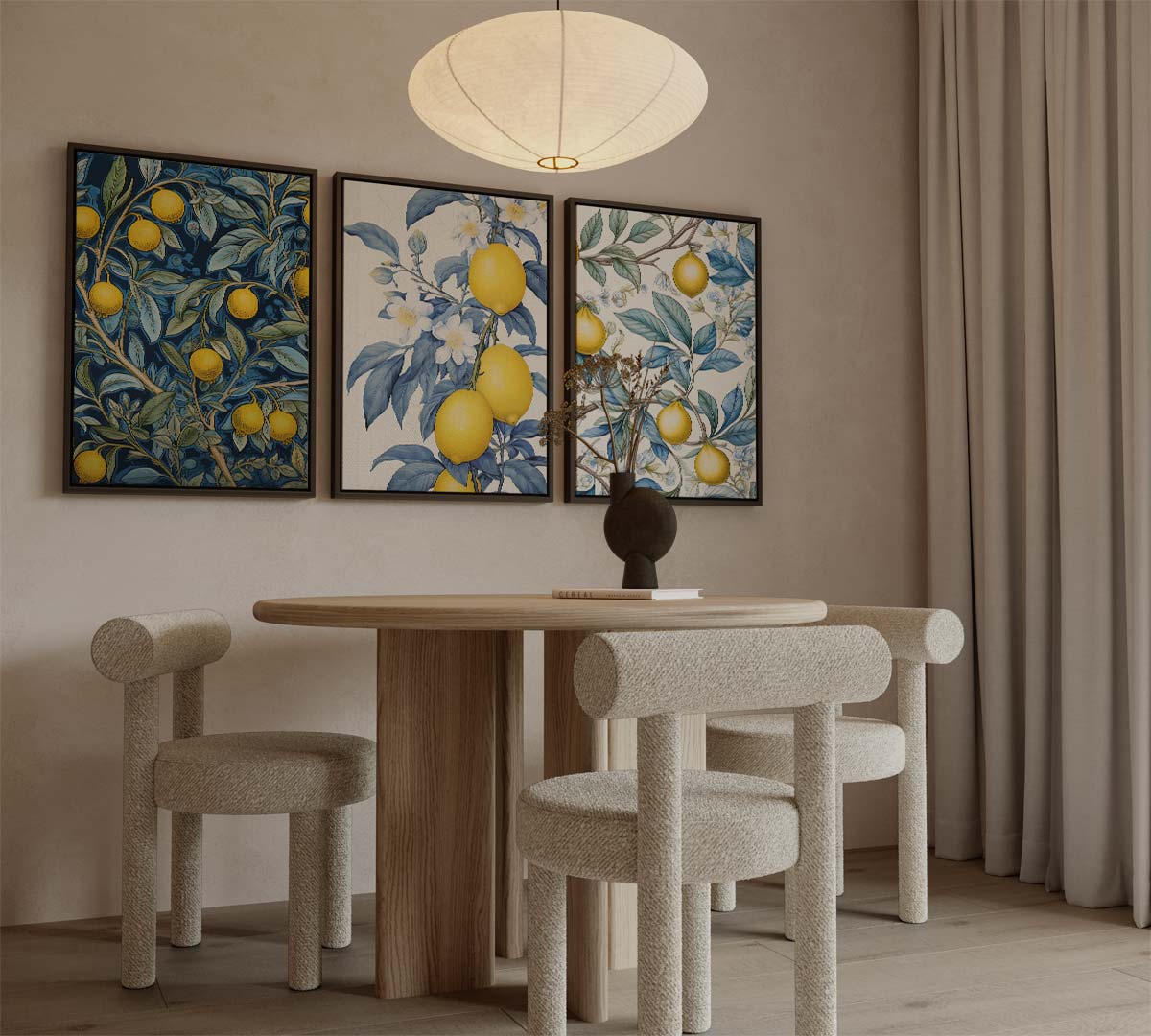 Botanische citroenillustraties in blauw en geel – canvas drieluik in portret formaat