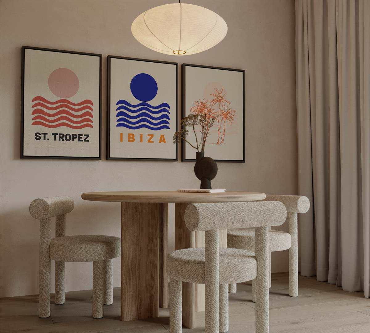Grafische kustplaatsen in modern design – drieluik als wanddecoratie