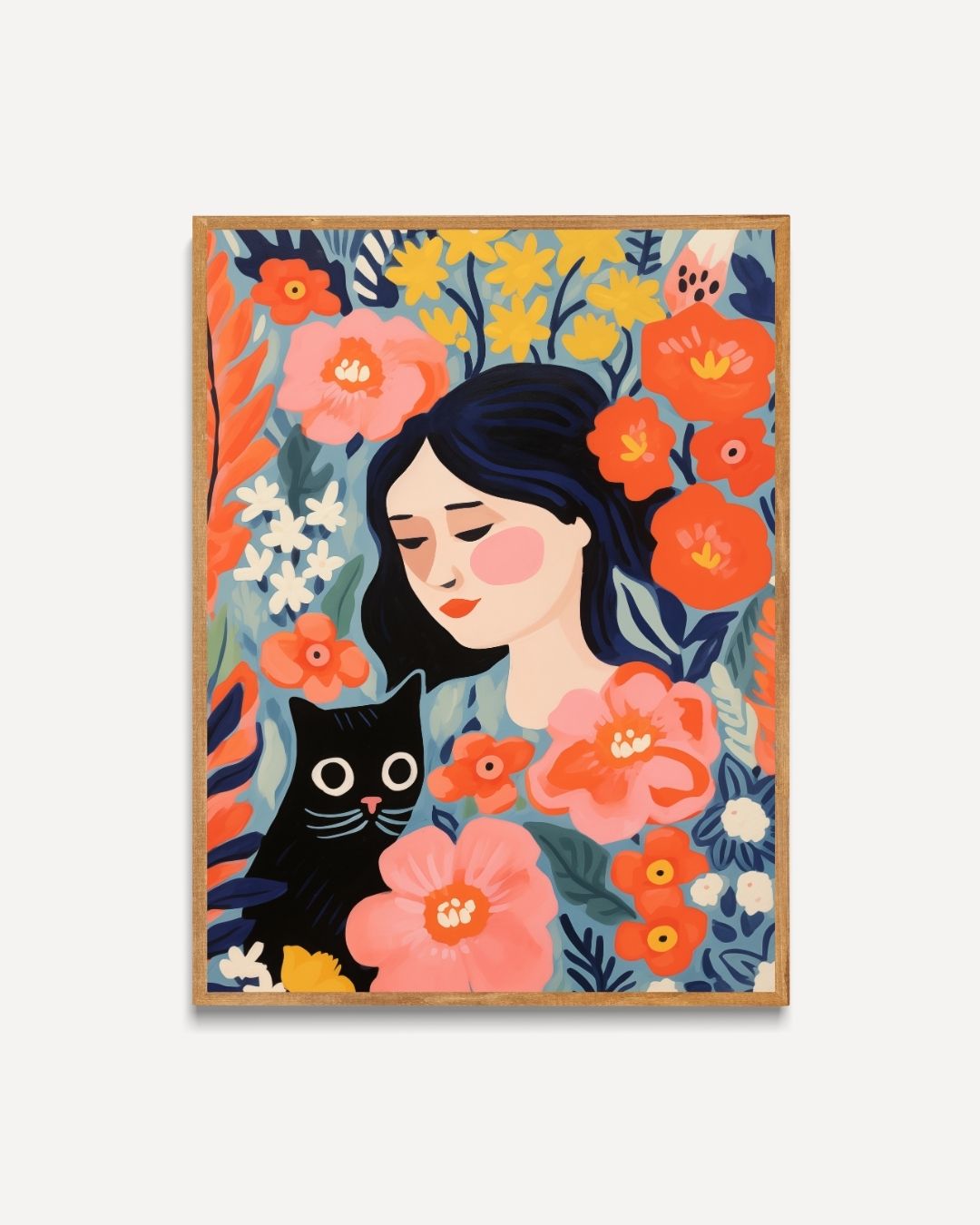 Meisje en kat in bloemen Poster – portret poster als wanddecoratie
