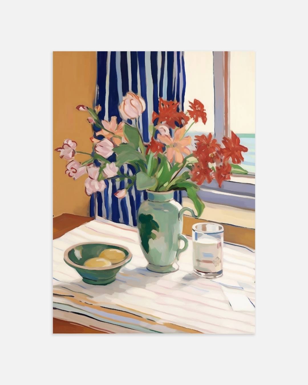 Floral still life with green vase Poster – portret wanddecoratie van WallArtistic