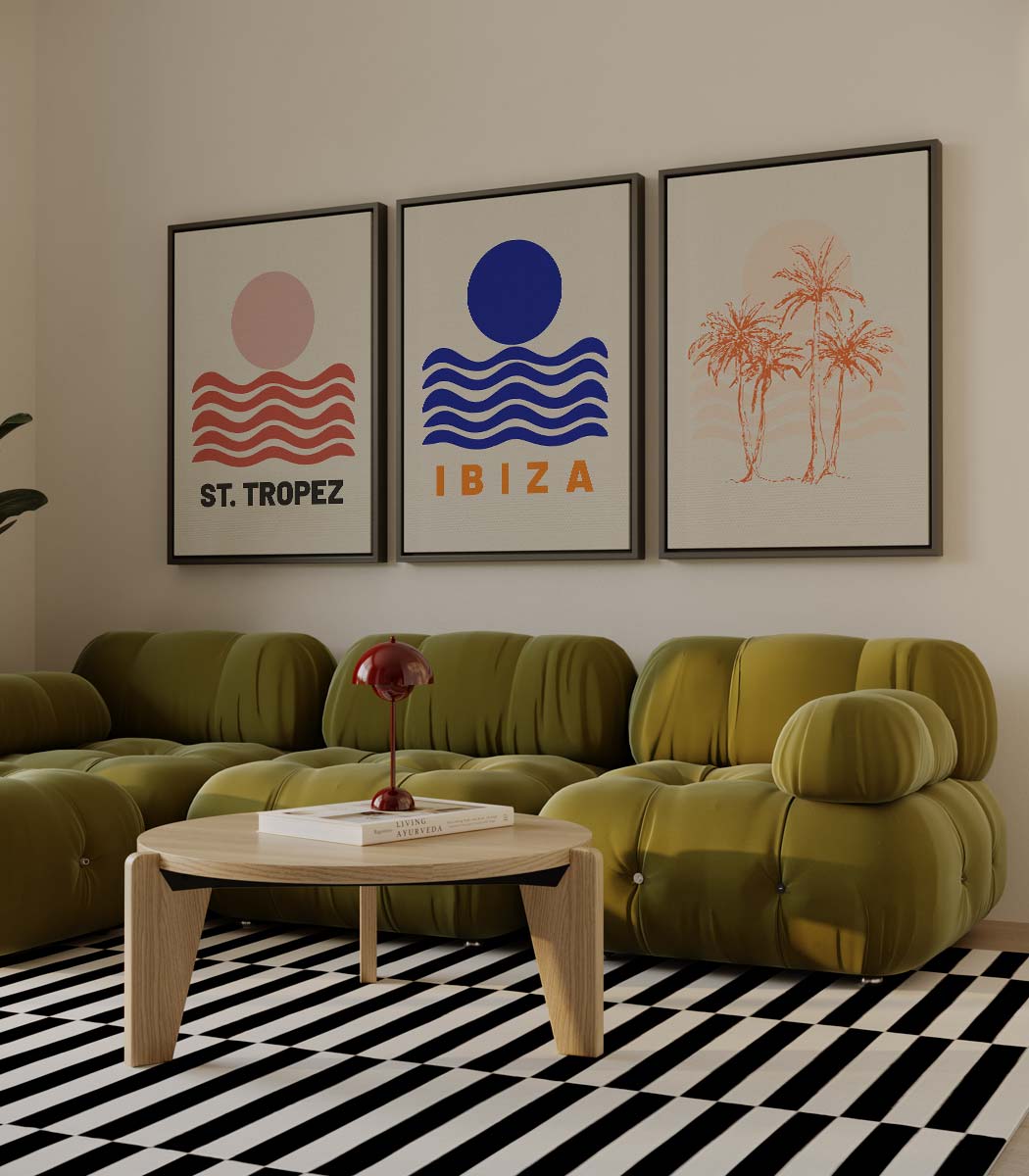 Grafische kustplaatsen in modern design – drieluik voor modern interieur
