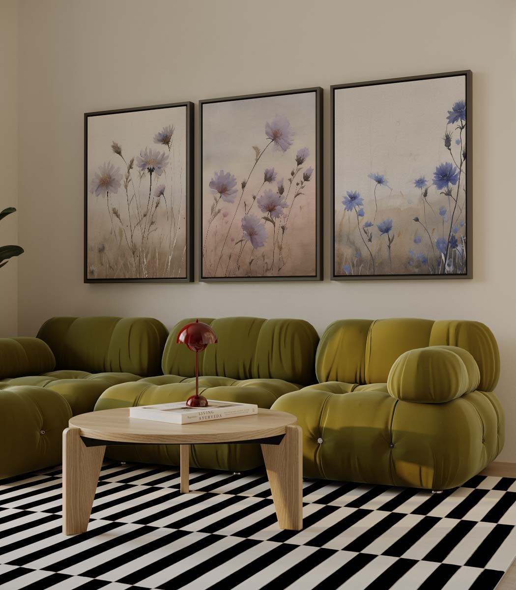 Veldbloemen in pastel – drieluik als wanddecoratie