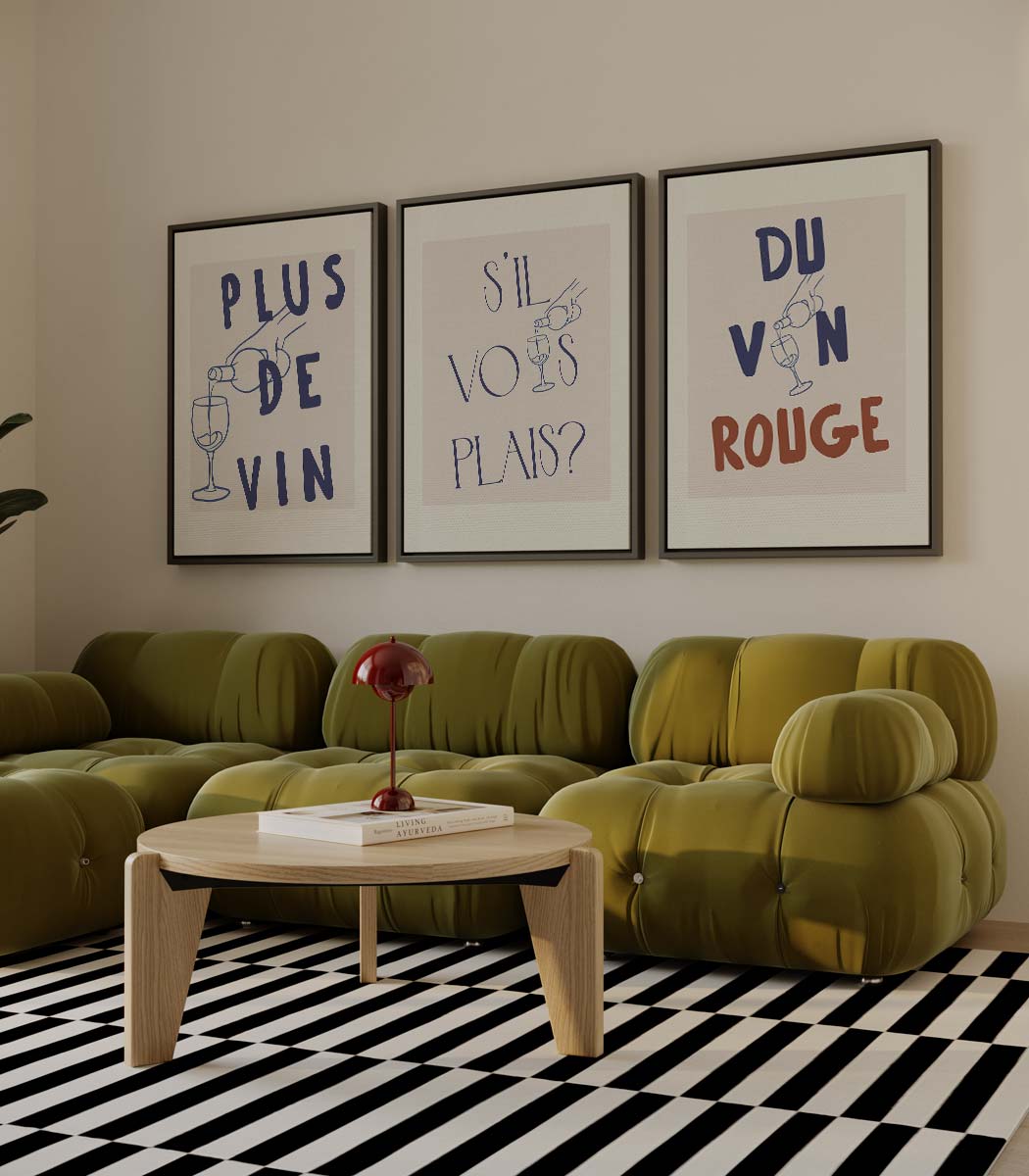 Franse wijnteksten – drieluik voor modern interieur