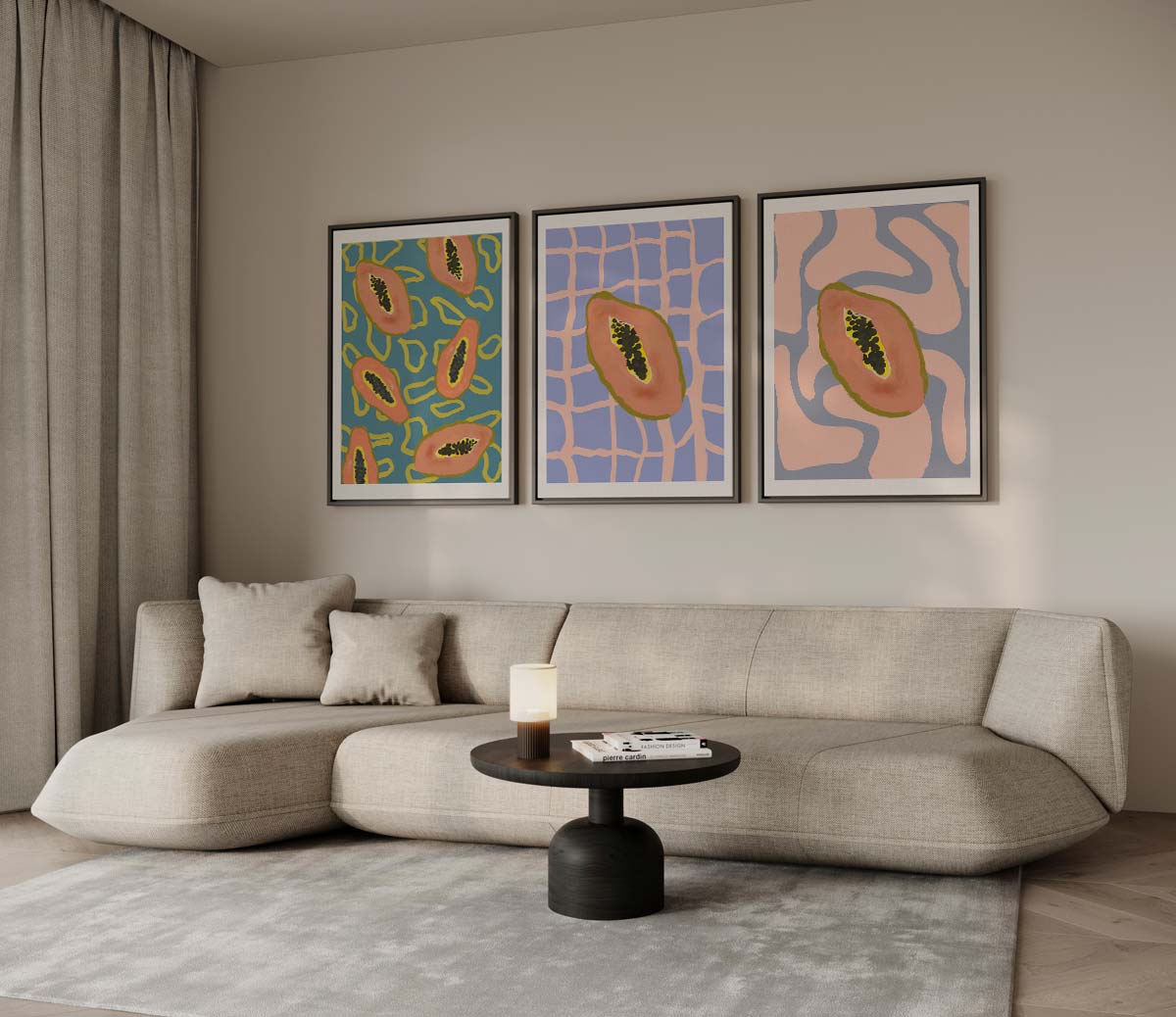Papaja’s op grafische achtergronden – drieluik voor modern interieur