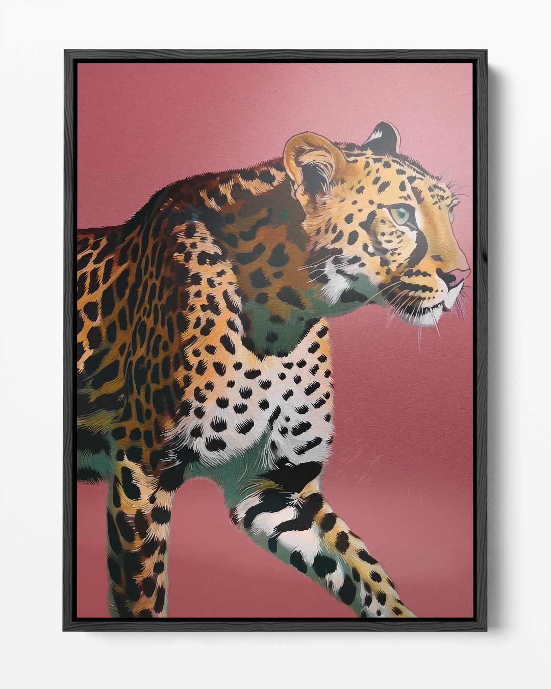 Elegante Luipaard op Roze Achtergrond – portret kunstwerk als wanddecoratie