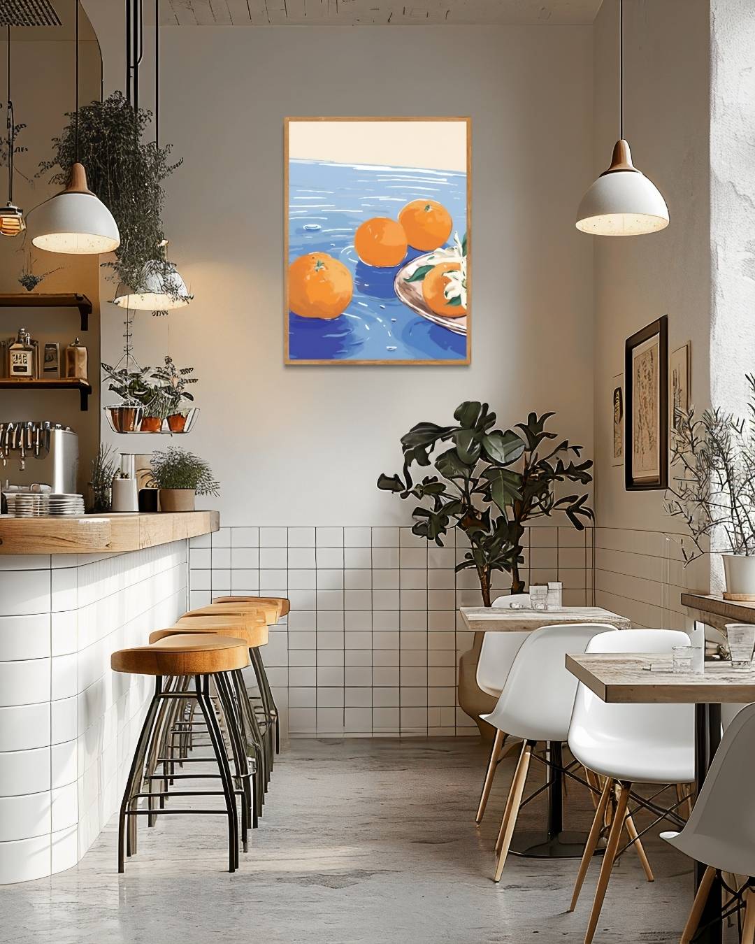 Sinaasappels op blauw tafelblad Poster – staande poster voor modern interieur