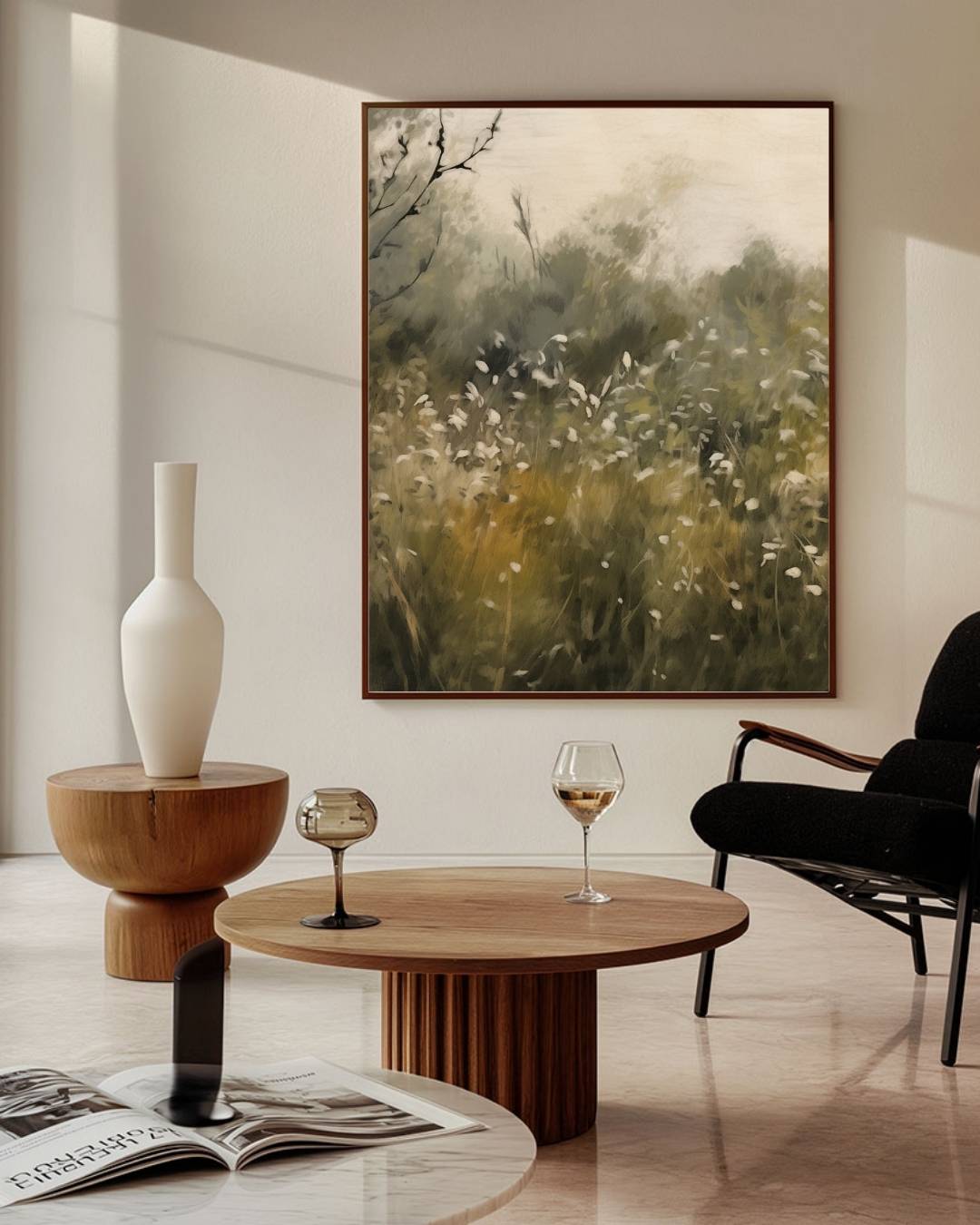 Mistig veldlandschap Poster – staande poster voor modern interieur
