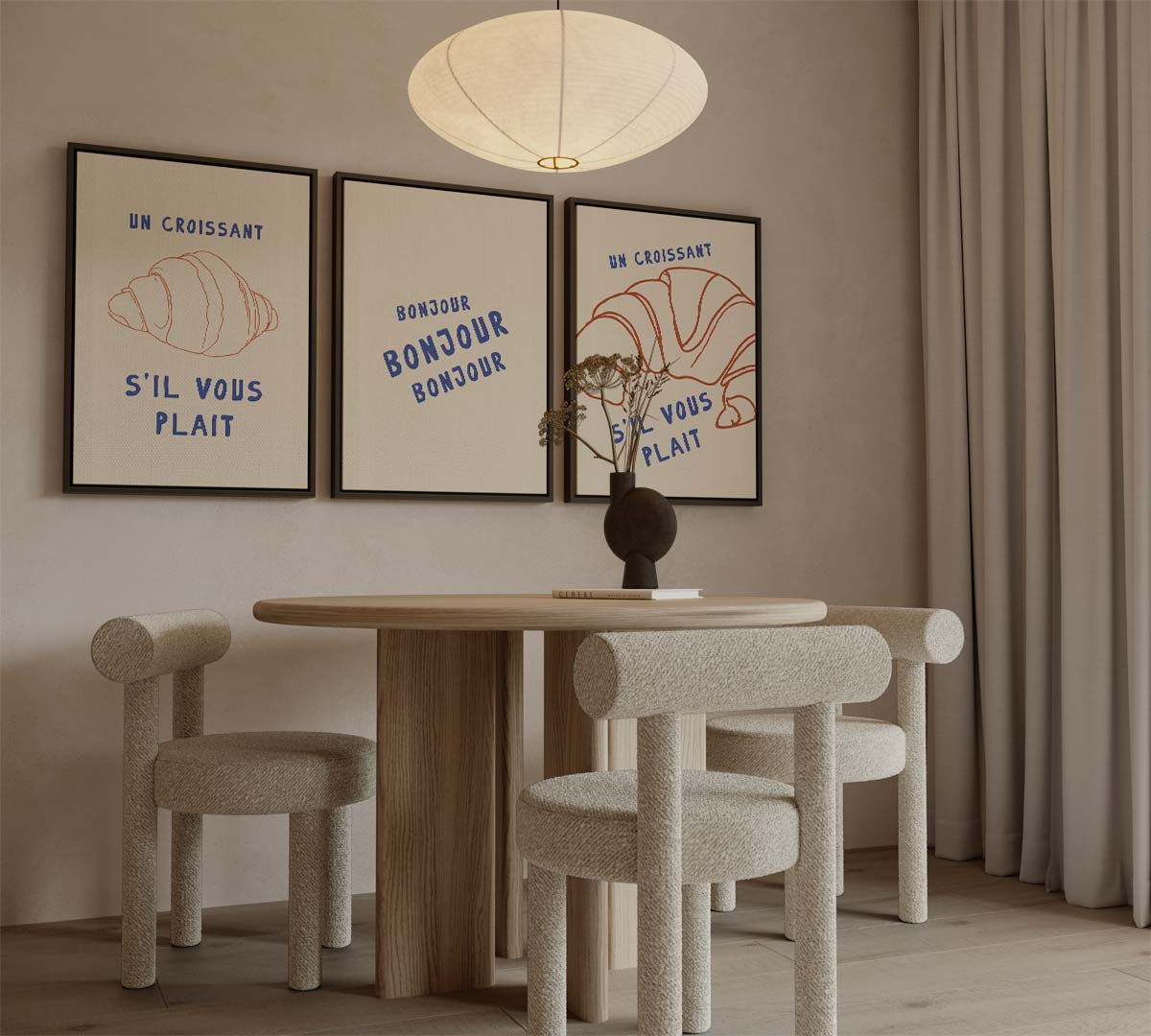 Franse ontbijtillustraties met croissants en typografie – canvas drieluik in portret formaat
