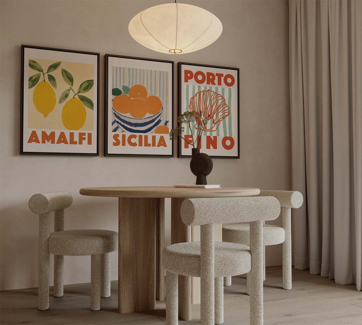 Italiaanse kustplaatsen met citrusaccenten – canvas drieluik in portret formaat