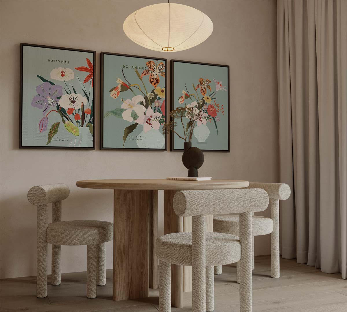 Botanische vazen met pastelbloemen – canvas drieluik in portret formaat